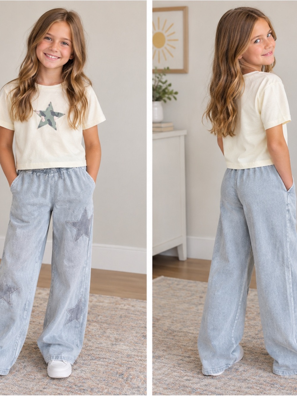 Zara Kids Matching Set- Cream Star Tee and Light Blue Wide-Leg Jeans